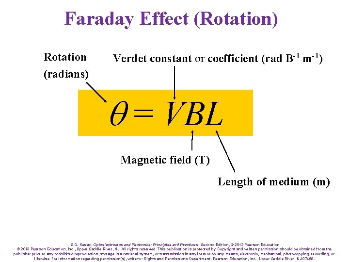 Faraday Effect (Rotation) Rotation (radians) Verdet constant or coefficient (rad B-1 m-1) q =