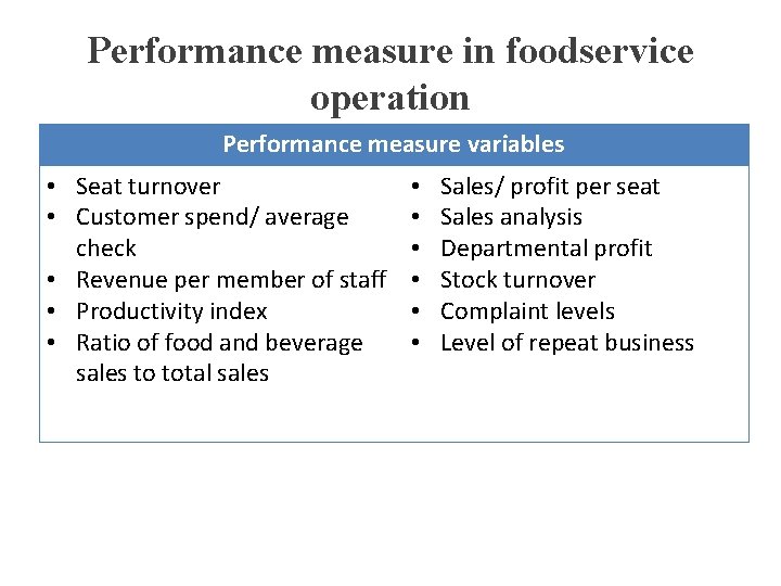 Performance measure in foodservice operation Performance measure variables • Seat turnover • Customer spend/
