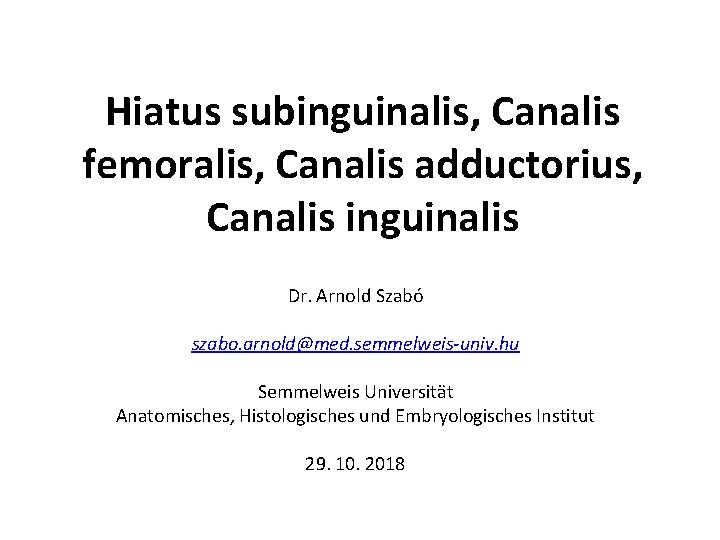 Hiatus subinguinalis, Canalis femoralis, Canalis adductorius, Canalis inguinalis Dr. Arnold Szabó szabo. arnold@med. semmelweis-univ.