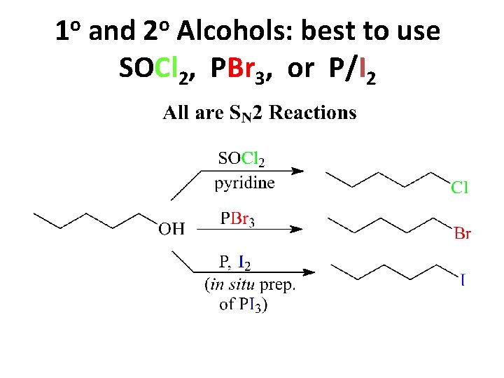 1 o and 2 o Alcohols: best to use SOCl 2, PBr 3, or