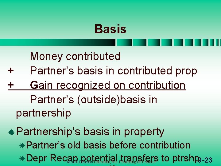 Basis Money contributed + Partner’s basis in contributed prop + Gain recognized on contribution