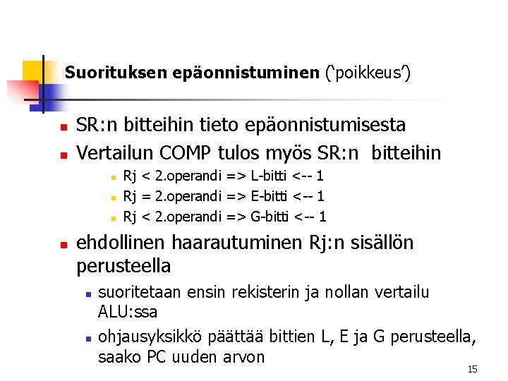 Suorituksen epäonnistuminen (‘poikkeus’) n n SR: n bitteihin tieto epäonnistumisesta Vertailun COMP tulos myös Suorituksen epäonnistuminen (‘poikkeus’) n n SR: n bitteihin tieto epäonnistumisesta Vertailun COMP tulos myös