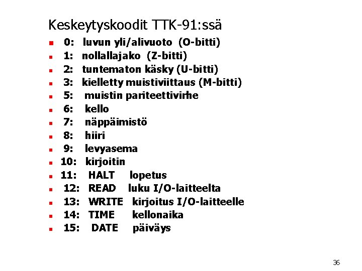 Keskeytyskoodit TTK-91: ssä n n n n 0: luvun yli/alivuoto (O-bitti) 1: nollallajako (Z-bitti) Keskeytyskoodit TTK-91: ssä n n n n 0: luvun yli/alivuoto (O-bitti) 1: nollallajako (Z-bitti)