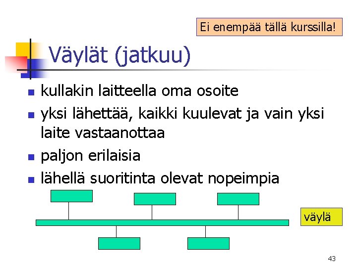 Ei enempää tällä kurssilla! Väylät (jatkuu) n n kullakin laitteella oma osoite yksi lähettää, Ei enempää tällä kurssilla! Väylät (jatkuu) n n kullakin laitteella oma osoite yksi lähettää,