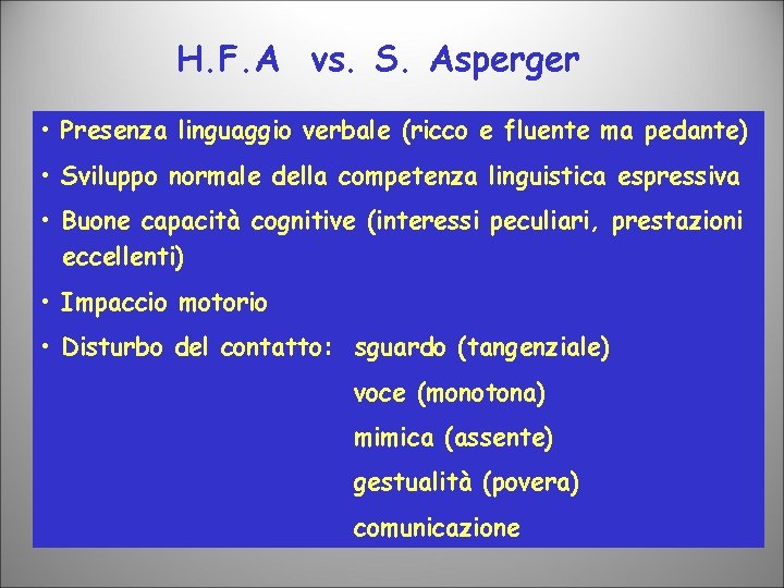 H. F. A vs. S. Asperger • Presenza linguaggio verbale (ricco e fluente ma