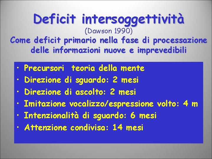 Deficit intersoggettività (Dawson 1990) Come deficit primario nella fase di processazione delle informazioni nuove