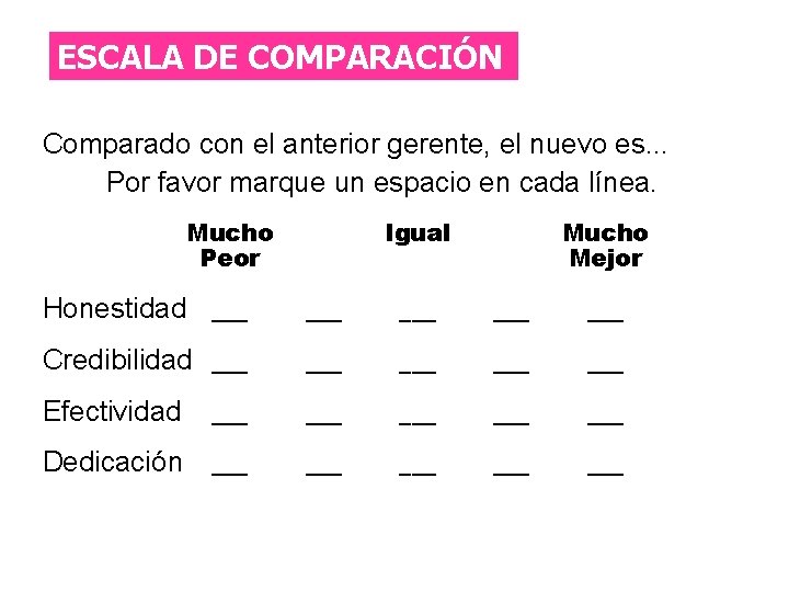 ESCALA DE COMPARACIÓN Comparado con el anterior gerente, el nuevo es. . . Por