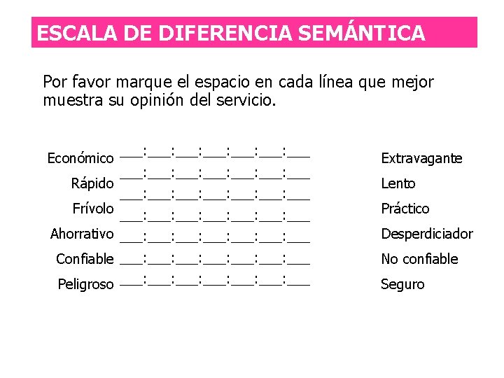 ESCALA DE DIFERENCIA SEMÁNTICA Por favor marque el espacio en cada línea que mejor