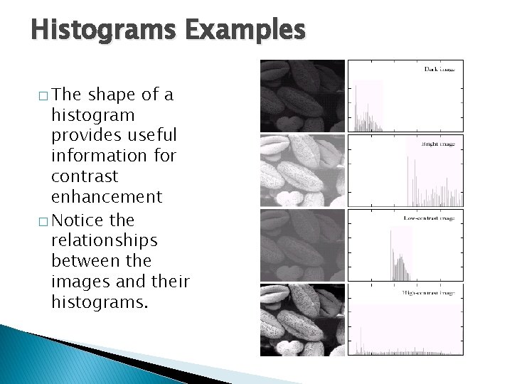 Histograms Examples � The shape of a histogram provides useful information for contrast enhancement Histograms Examples � The shape of a histogram provides useful information for contrast enhancement