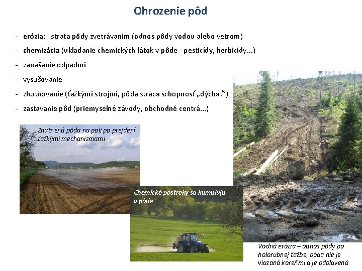Ohrozenie pôd - erózia: strata pôdy zvetrávaním (odnos pôdy vodou alebo vetrom) - chemizácia