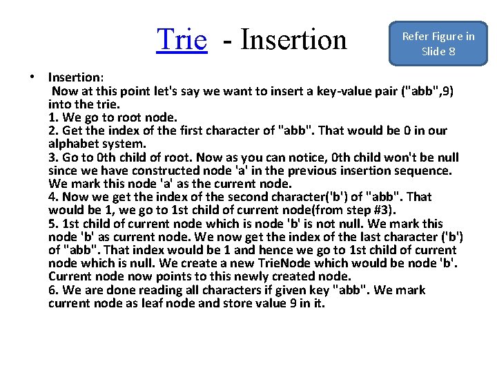  Trie - Insertion Refer Figure in Slide 8 • Insertion: Now at this