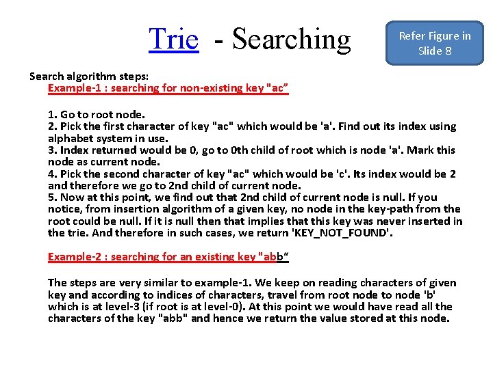  Trie - Searching Refer Figure in Slide 8 Search algorithm steps: Example-1 :