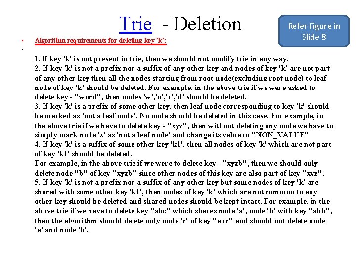  Trie - Deletion • • Algorithm requirements for deleting key 'k': Refer Figure