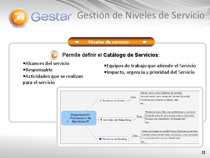 Gestión de Niveles de Servicio Niveles de servicio Permite definir el Catálogo de Servicios: