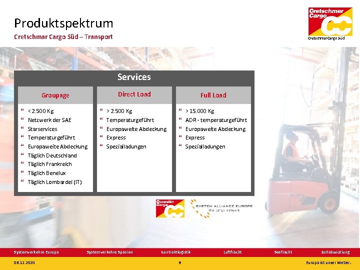 Produktspektrum Cretschmar Cargo Süd – Transport Cretschmar. Cargo Süd Services Direct Load Groupage }