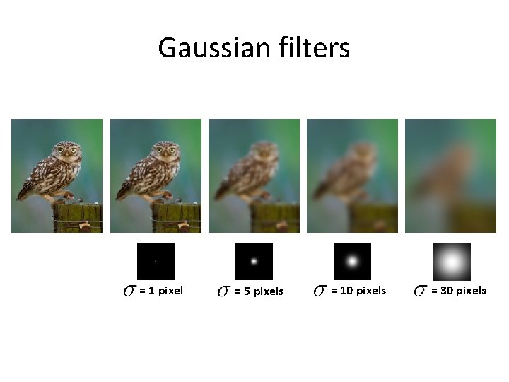 Gaussian filters = 1 pixel = 5 pixels = 10 pixels = 30 pixels Gaussian filters = 1 pixel = 5 pixels = 10 pixels = 30 pixels