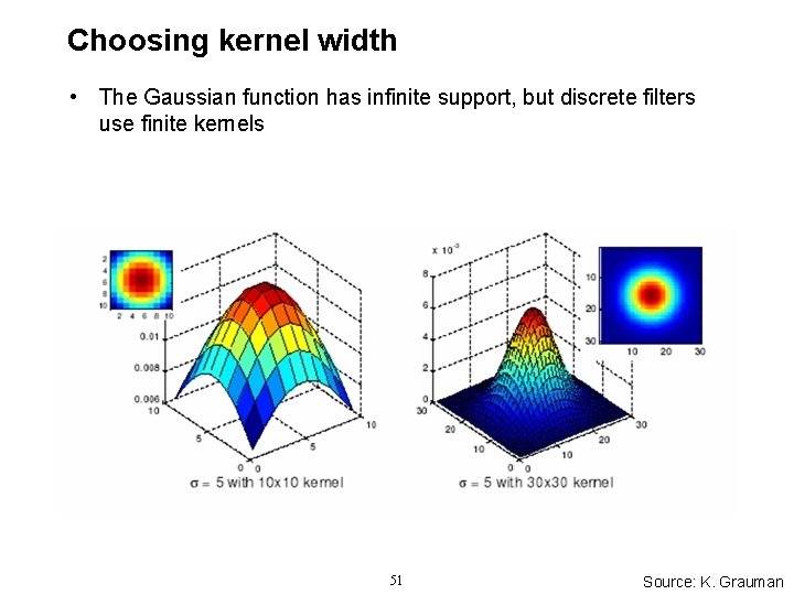 Choosing kernel width • The Gaussian function has infinite support, but discrete filters use Choosing kernel width • The Gaussian function has infinite support, but discrete filters use