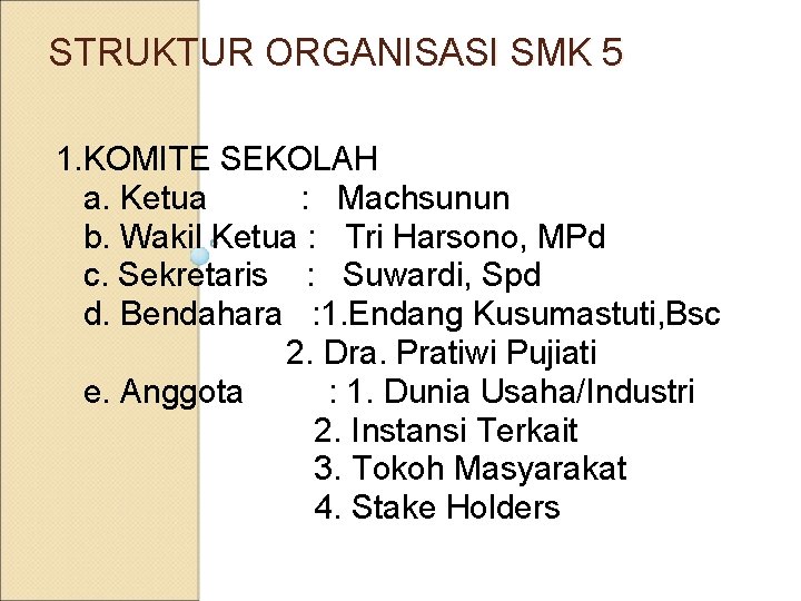 STRUKTUR ORGANISASI SMK 5 1. KOMITE SEKOLAH a. Ketua : Machsunun b. Wakil Ketua