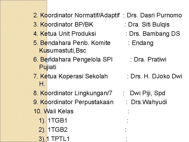 2. Koordinator Normatif/Adaptif 3. Koordinator BP/BK 4. Ketua Unit Produksi 5. Bendahara Penb. Komite