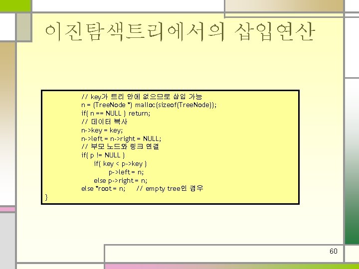 이진탐색트리에서의 삽입연산 // key가 트리 안에 없으므로 삽입 가능 n = (Tree. Node *)