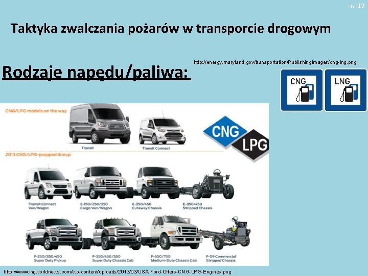 str. 12 Taktyka zwalczania pożarów w transporcie drogowym Rodzaje napędu/paliwa: http: //energy. maryland. gov/transportation/Publishing.