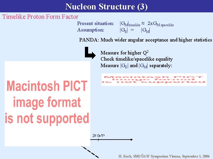 Nucleon Structure (3) Timelike Proton Form Factor Present situation: Assumption: |GM|timelike ≈ 2 x.