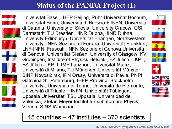 Status of the PANDA Project (1) H. Koch, SMI/ÖAW Symposium Vienna, September 1, 2006