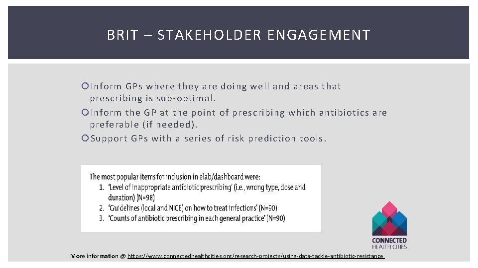 BRIT – STAKEHOLDER ENGAGEMENT Inform GPs where they are doing well and areas that BRIT – STAKEHOLDER ENGAGEMENT Inform GPs where they are doing well and areas that