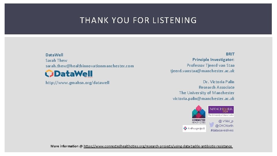 THANK YOU FOR LISTENING Data. Well Sarah Thew sarah. thew@healthinnovationmanchester. com http: //www. gmahsn. THANK YOU FOR LISTENING Data. Well Sarah Thew sarah. thew@healthinnovationmanchester. com http: //www. gmahsn.