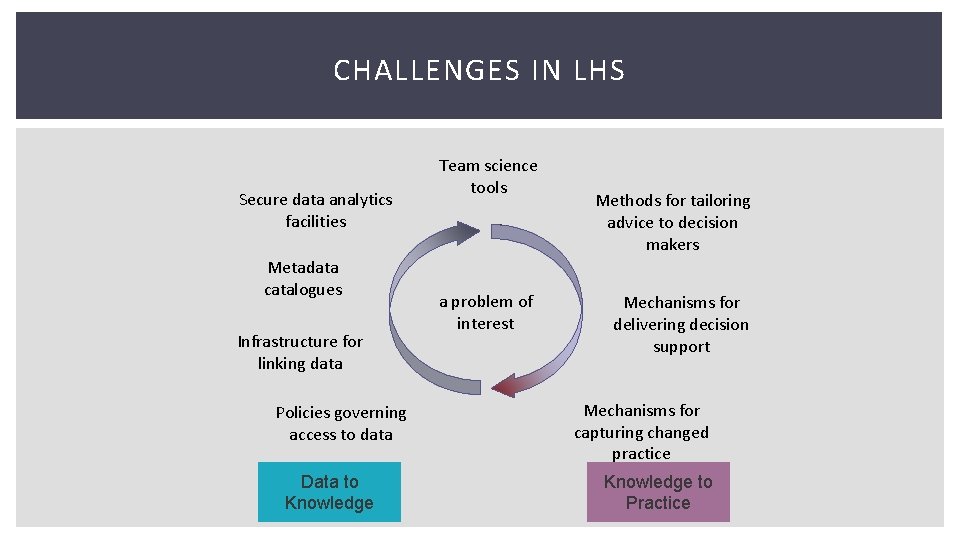 CHALLENGES IN LHS Secure data analytics facilities Metadata catalogues Infrastructure for linking data Policies CHALLENGES IN LHS Secure data analytics facilities Metadata catalogues Infrastructure for linking data Policies