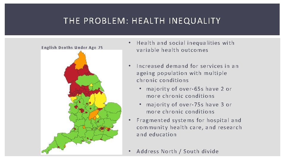 THE PROBLEM: HEALTH INEQUALITY English Deaths Under Age 75 • Health and social inequalities THE PROBLEM: HEALTH INEQUALITY English Deaths Under Age 75 • Health and social inequalities