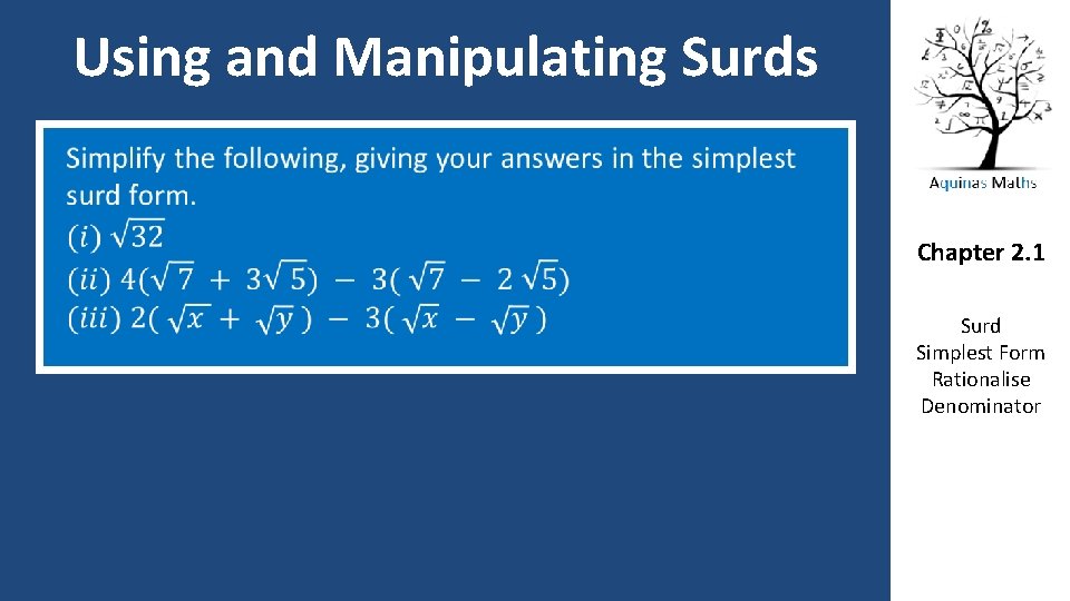 Using and Manipulating Surds Chapter 2. 1 Surd Simplest Form Rationalise Denominator 