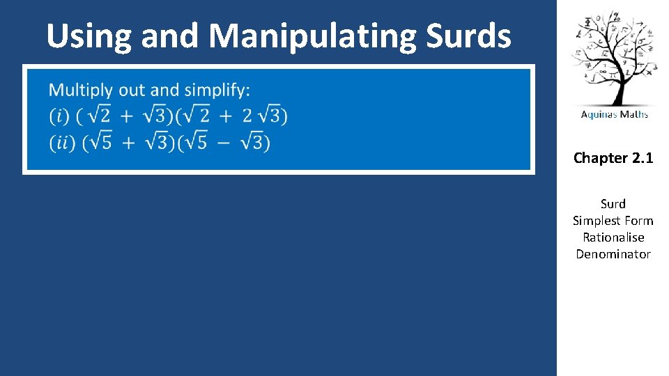 Using and Manipulating Surds Chapter 2. 1 Surd Simplest Form Rationalise Denominator 