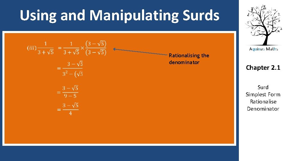 Using and Manipulating Surds Rationalising the denominator Chapter 2. 1 Surd Simplest Form Rationalise