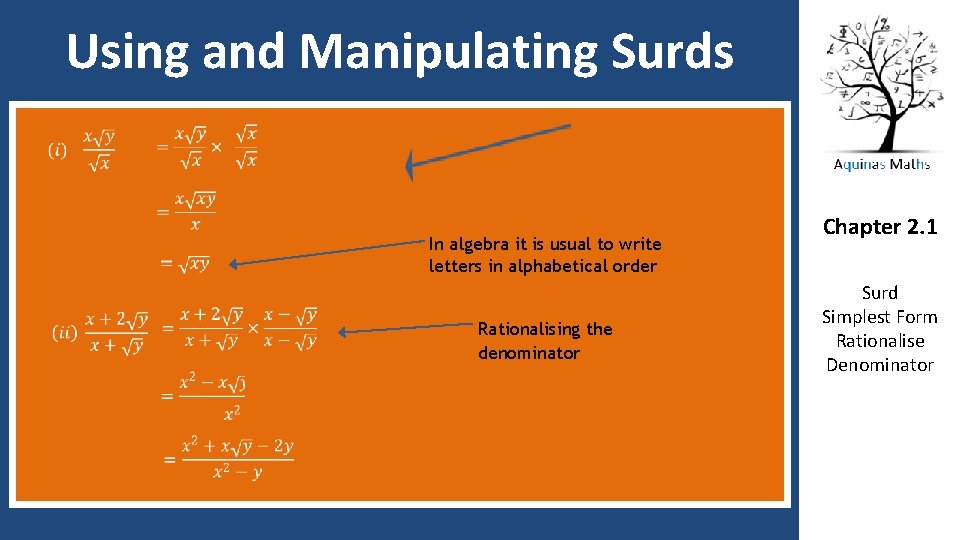 Using and Manipulating Surds In algebra it is usual to write letters in alphabetical