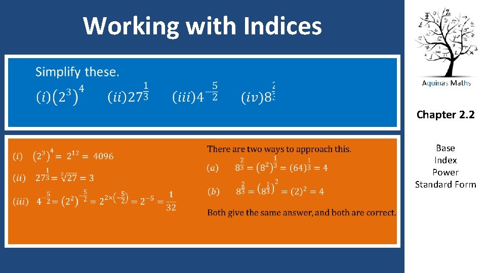 Working with Indices Chapter 2. 2 Base Index Power Standard Form 