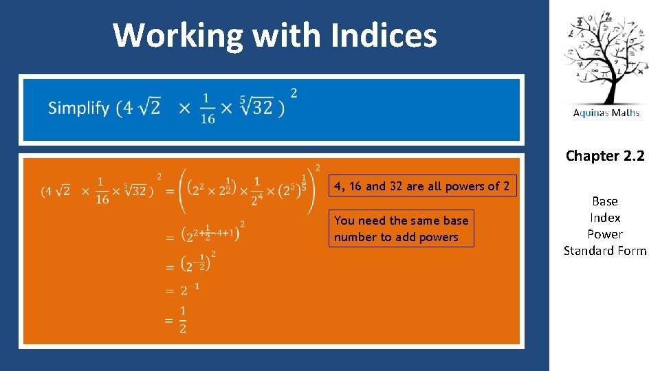 Working with Indices Chapter 2. 2 4, 16 and 32 are all powers of