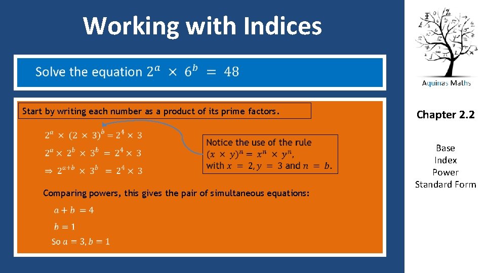 Working with Indices Start by writing each number as a product of its prime