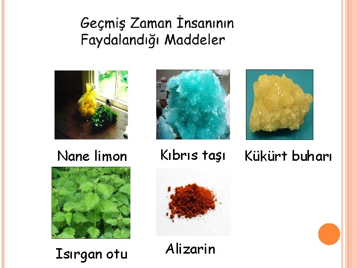 Nane limon Kıbrıs taşı Isırgan otu Alizarin Kükürt buharı 