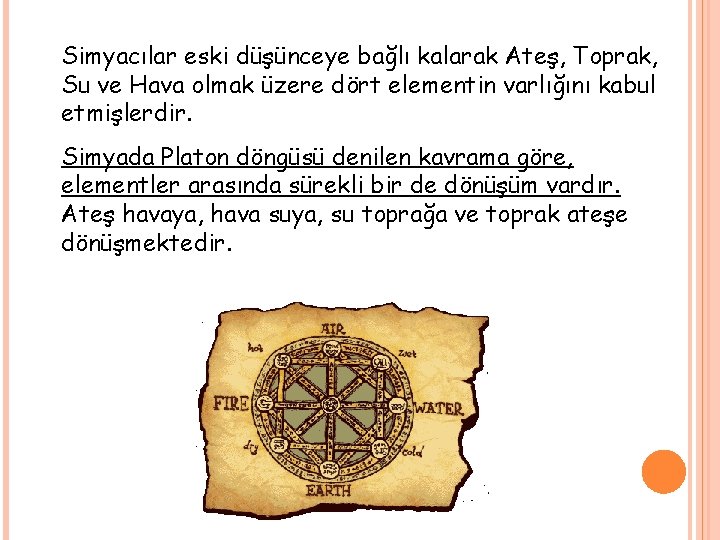 Simyacılar eski düşünceye bağlı kalarak Ateş, Toprak, Su ve Hava olmak üzere dört elementin