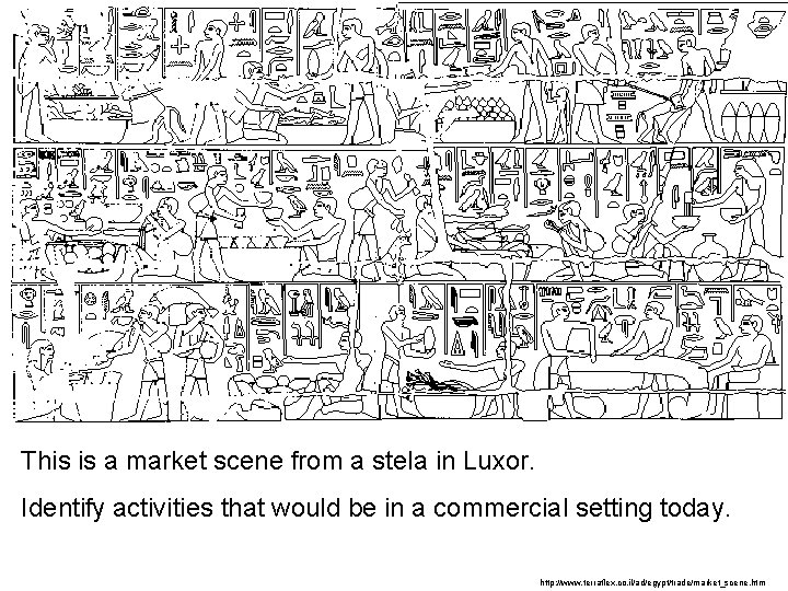 This is a market scene from a stela in Luxor. Identify activities that would