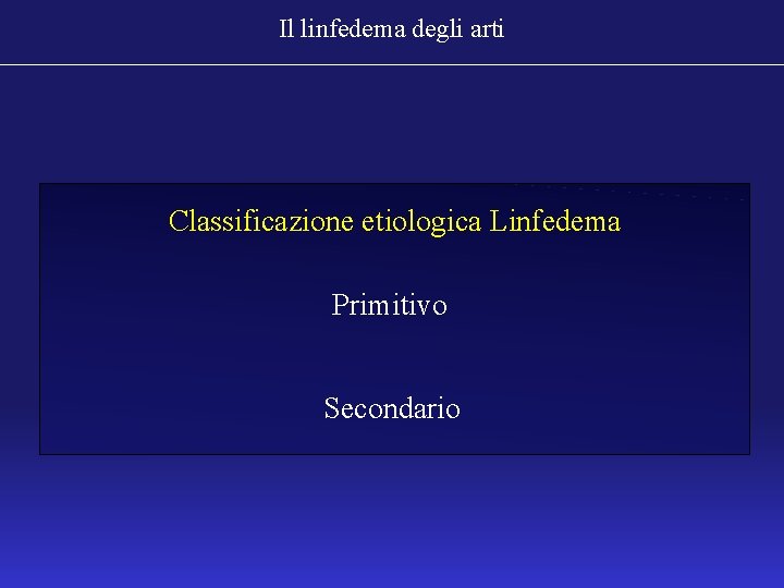 Il linfedema degli arti Classificazione etiologica Linfedema Primitivo Secondario 