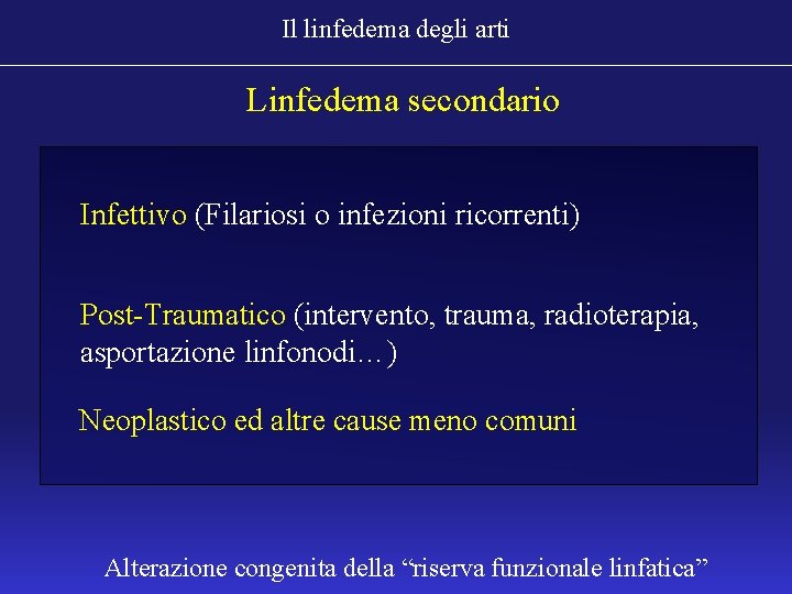 Il linfedema degli arti Linfedema secondario Infettivo (Filariosi o infezioni ricorrenti) Post-Traumatico (intervento, trauma,