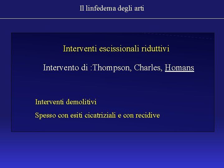 Il linfedema degli arti Interventi escissionali riduttivi Intervento di : Thompson, Charles, Homans Interventi