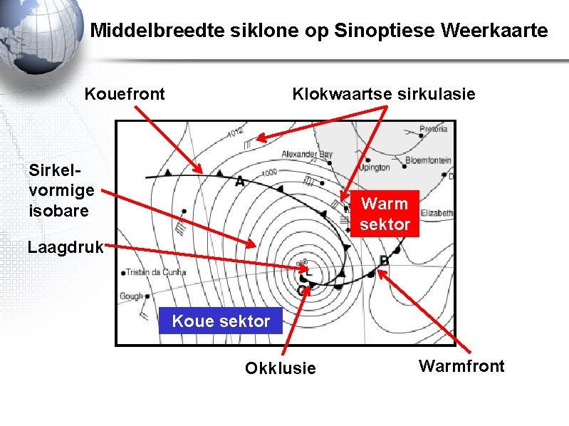 Middelbreedte siklone op Sinoptiese Weerkaarte Klokwaartse sirkulasie Kouefront Sirkelvormige isobare Warm sektor Laagdruk Koue