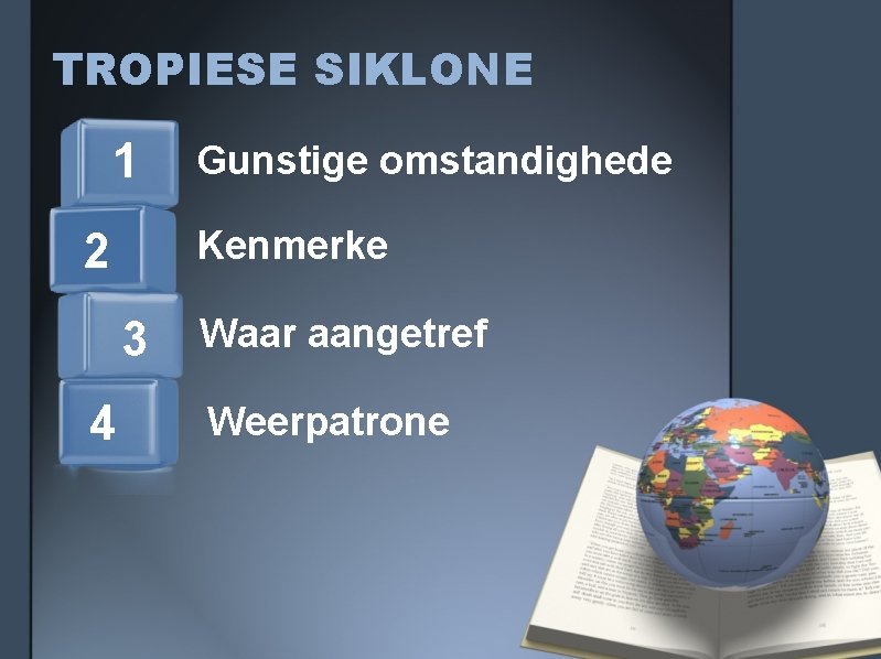 TROPIESE SIKLONE 1 Kenmerke 2 3 4 Gunstige omstandighede Waar aangetref Weerpatrone 