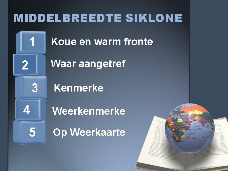 MIDDELBREEDTE SIKLONE 1 Koue en warm fronte Waar aangetref 2 3 4 5 Kenmerke