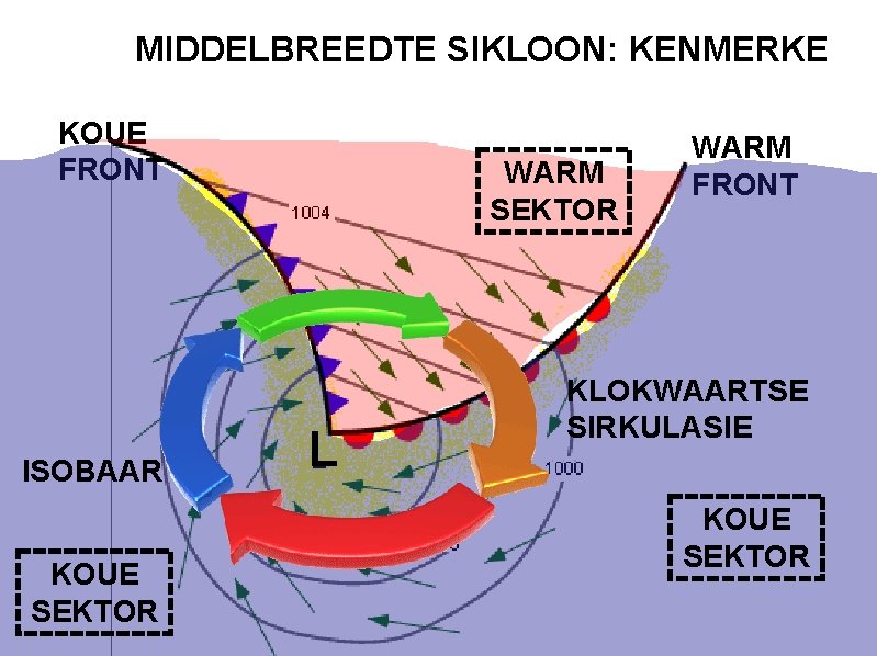 MIDDELBREEDTE SIKLOON: KENMERKE KOUE FRONT ISOBAAR KOUE SEKTOR WARM SEKTOR L WARM FRONT KLOKWAARTSE