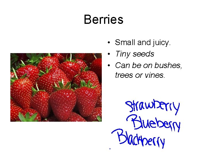 Berries • Small and juicy. • Tiny seeds • Can be on bushes, trees
