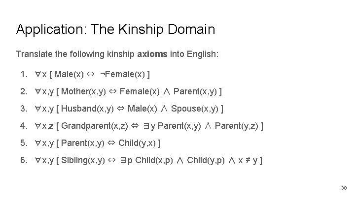 Application: The Kinship Domain Translate the following kinship axioms into English: 1. ∀x [